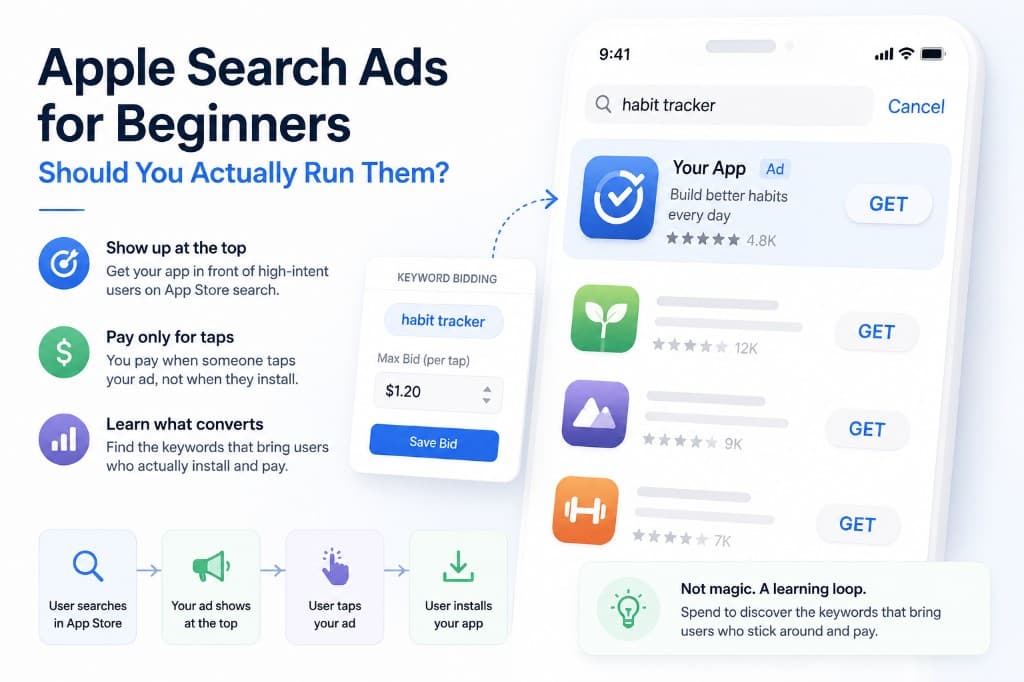 Apple Search Ads beginner guide showing paid App Store search placement and keyword bidding basics