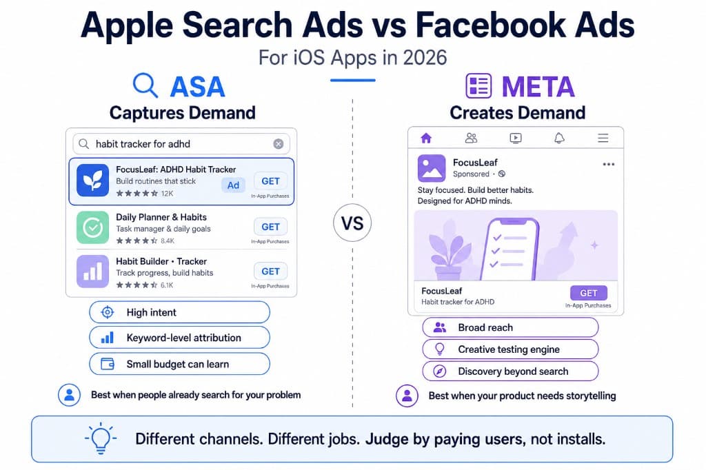 Comparison diagram of Apple Search Ads high-intent App Store search versus Facebook Ads feed discovery for iOS apps
