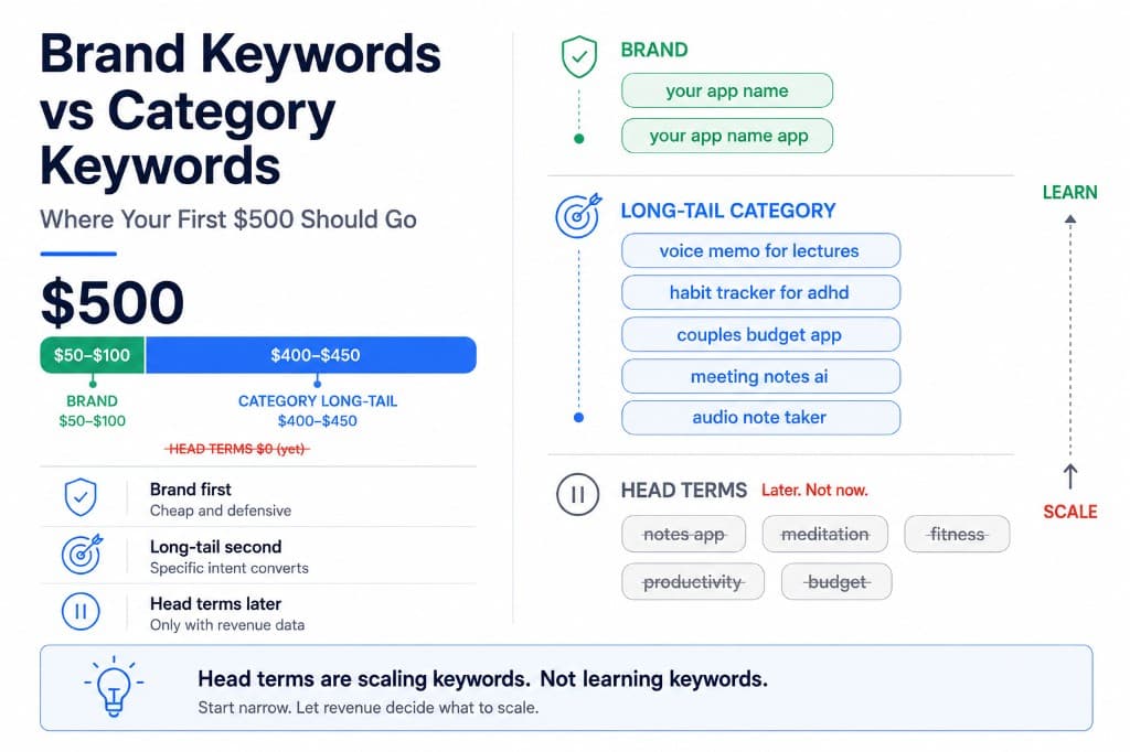 Diagram showing Apple Search Ads budget split between brand defense keywords and long-tail category keywords