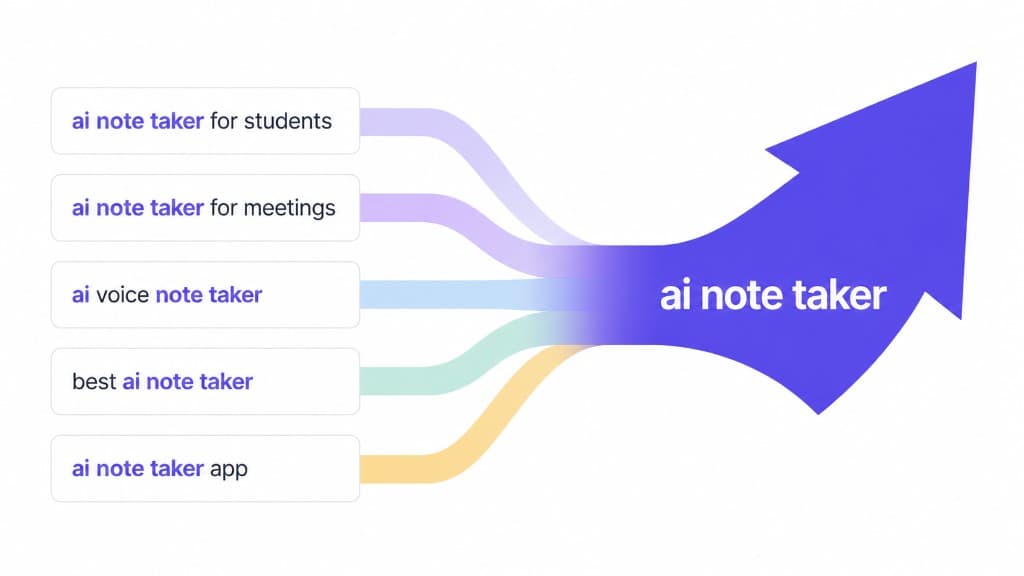 Diagram showing five long-tail App Store search variants — 'ai note taker for students', 'ai note taker for meetings', 'ai voice note taker', 'best ai note taker', 'ai note taker app' — flowing into the head keyword 'ai note taker' via shared tokens.