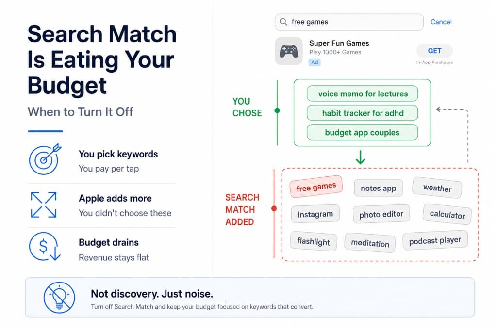 Diagram showing Apple Search Ads Search Match expanding bids beyond chosen keywords into unrelated App Store searches