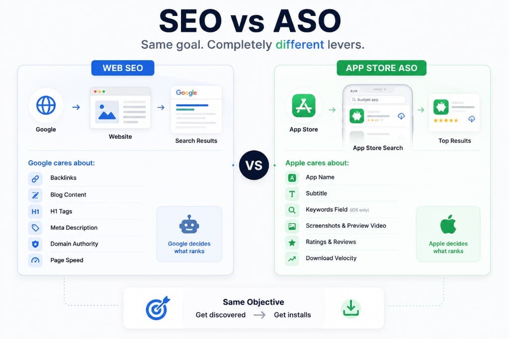 Diagram comparing web SEO levers with App Store ASO levers for mobile apps